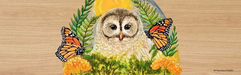 Painting of Grey Barred Owl, orange and black Monarch butterflies and orange floers surrounded by ferns on a light wood background by Kara Hoblin